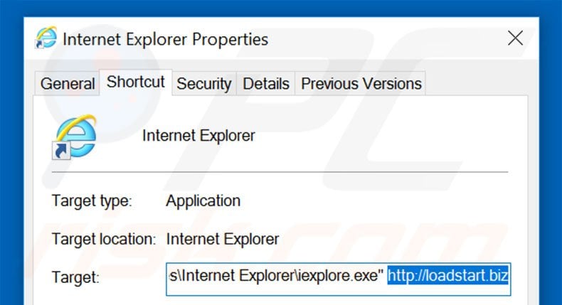 Eliminar loadstart.biz del destino del acceso directo de Internet Explorer paso 2