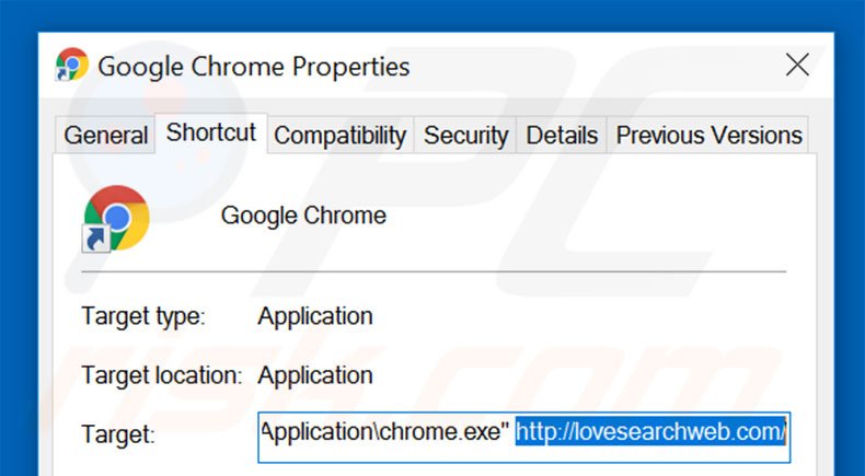 Eliminar lovesearchweb.com del destino del acceso directo de Google Chrome paso 2