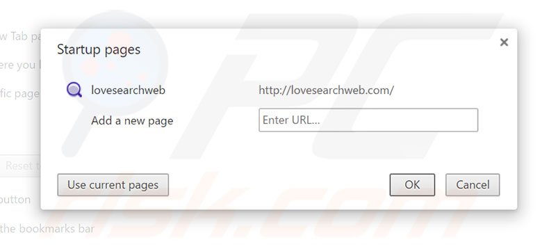 Eliminando lovesearchweb.com de la página de inicio de Google Chrome