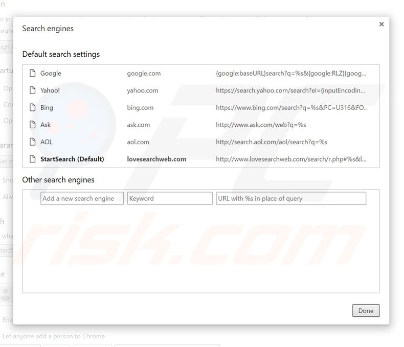 Eliminando lovesearchweb.com del motor de búsqueda por defecto de Google Chrome