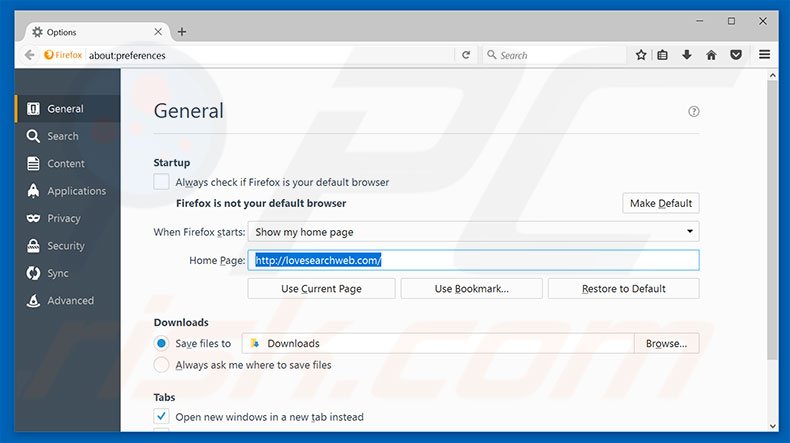 Eliminando lovesearchweb.com de la página de inicio de Mozilla Firefox