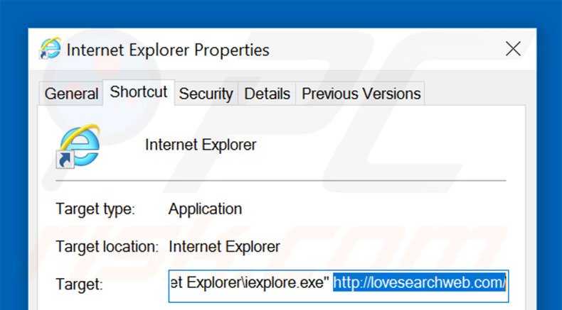Eliminar lovesearchweb.com del destino del acceso directo de Internet Explorer paso 2
