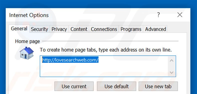 Eliminando lovesearchweb.com de la página de inicio de Internet Explorer