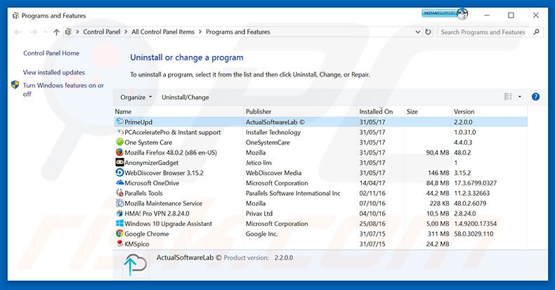 desinstalar el adware Prime Updater del Panel de control