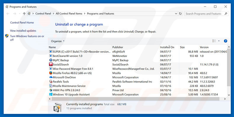 desinstalar el adware Ransomware Attack Warning Alert del Panel de control