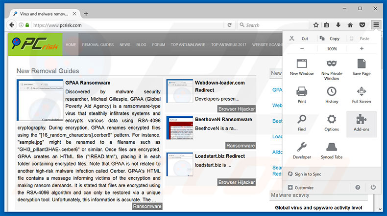 Eliminando los anuncios de Suspicious Ransomware Activity de Mozilla Firefox paso 1