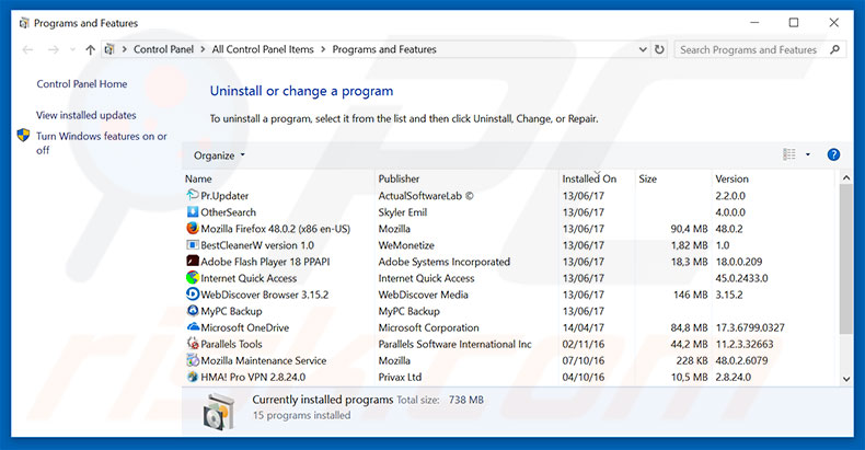 desinstalar el adware Suspicious Ransomware Activity del Panel de control