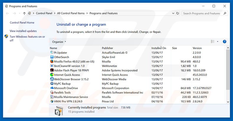 desinstalar el software publicitario  Error Virus - Trojan Backdoor Hijack desde el panel de control
