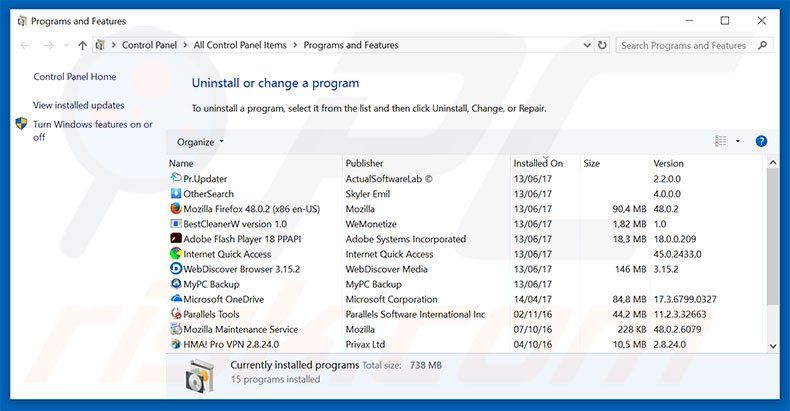 desinstalar el software publicitario  Error Virus - Trojan Backdoor Hijack desde el panel de control