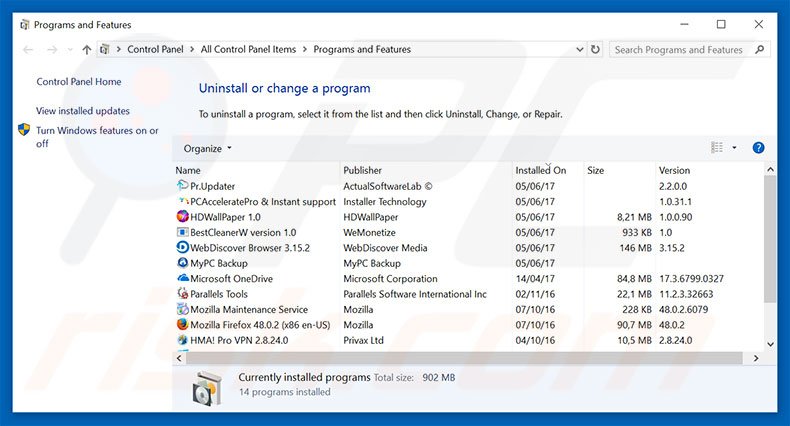 desinstalar el adware Service Provider - Unknown Security Breach del Panel de control