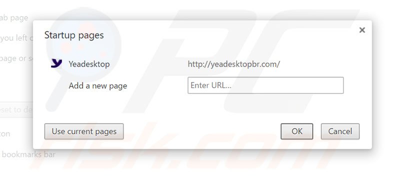 Eliminando yeadesktopbr.com de la página de inicio de Google Chrome