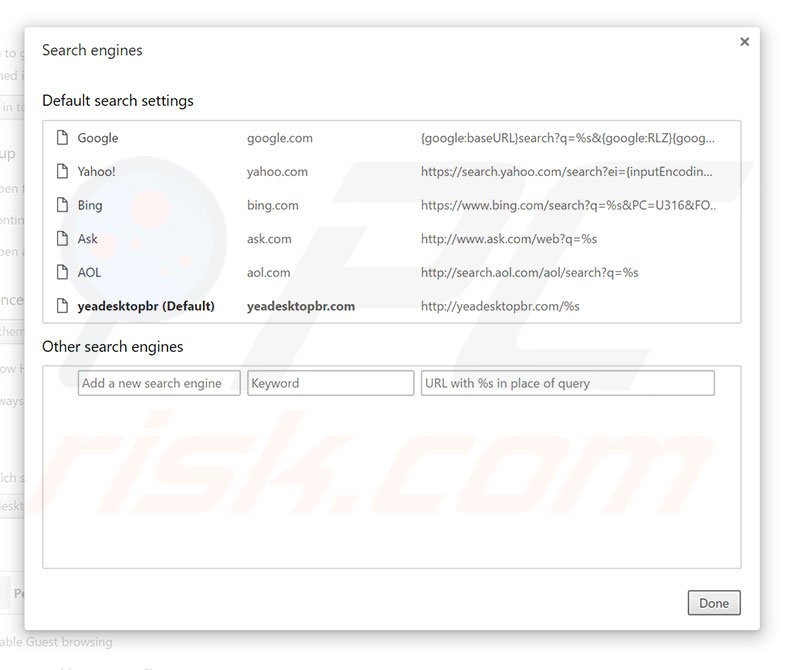 Eliminando yeadesktopbr.com del motor de búsqueda por defecto de Google Chrome