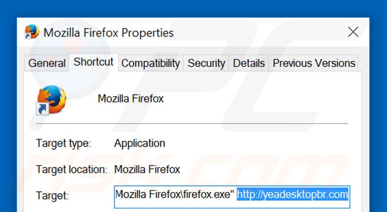 Eliminar yeadesktopbr.com del destino del acceso directo de Mozilla Firefox paso 2