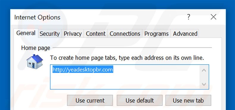 Eliminando yeadesktopbr.com de la página de inicio de Internet Explorer