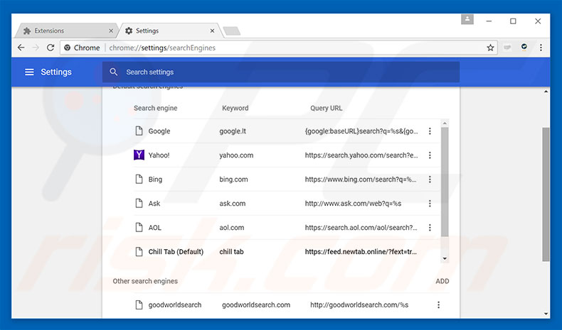 Eliminando search.chill-tab.com del motor de búsqueda por defecto de Google Chrome
