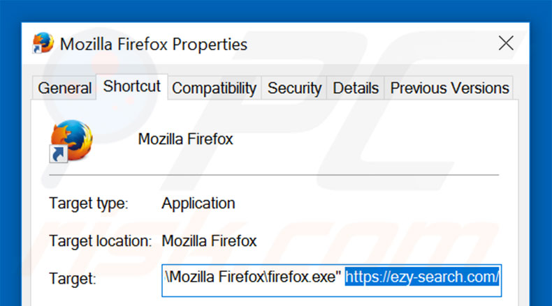 Eliminar ezy-search.com del destino del acceso directo de Mozilla Firefox paso 2