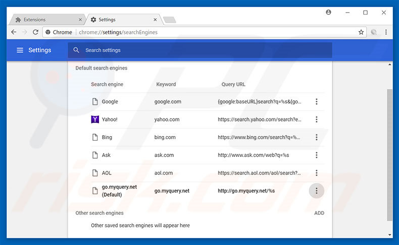 Eliminando go.myquery.net del motor de búsqueda por defecto de Google Chrome