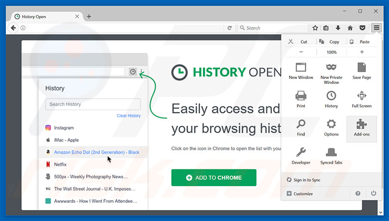 Eliminando los anuncios de History Open de Mozilla Firefox paso 1