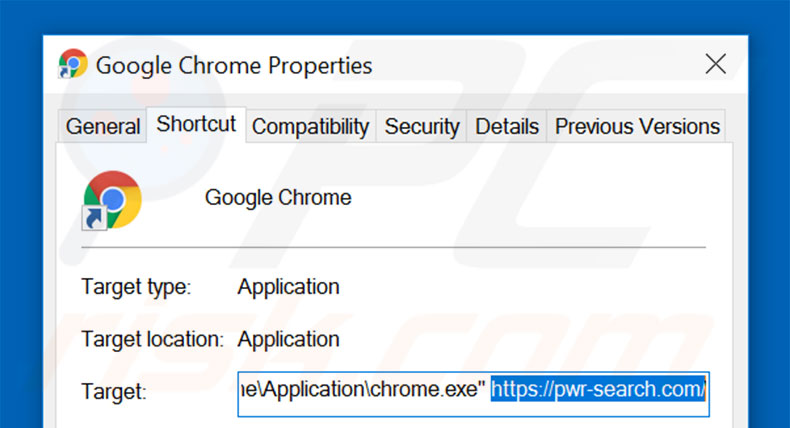 Eliminar pwr-search.com del destino del acceso directo de Google Chrome paso 2