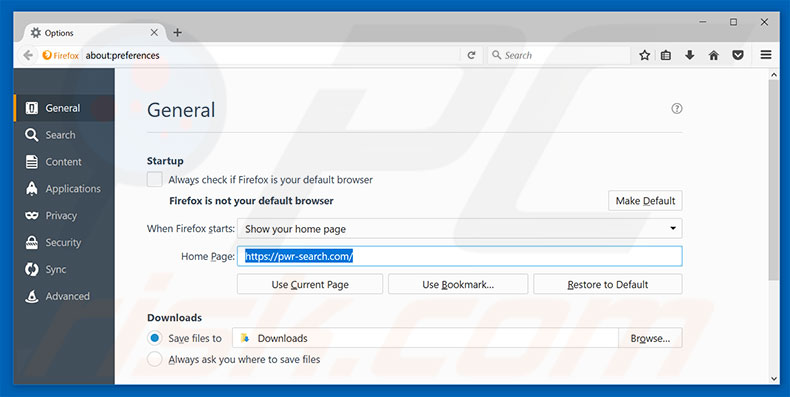 Eliminando pwr-search.com de la página de inicio de Mozilla Firefox