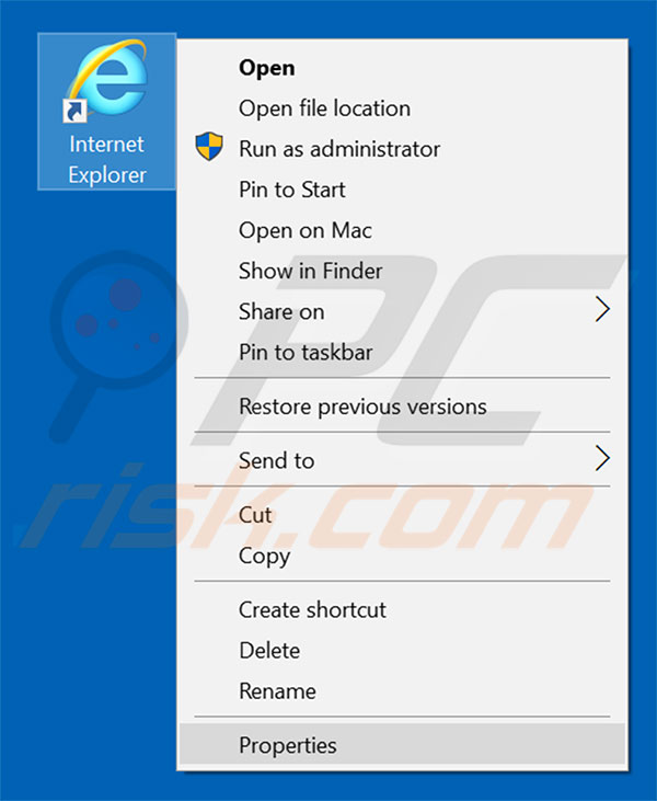 Eliminar pwr-search.com del destino del acceso directo de Internet Explorer paso 1