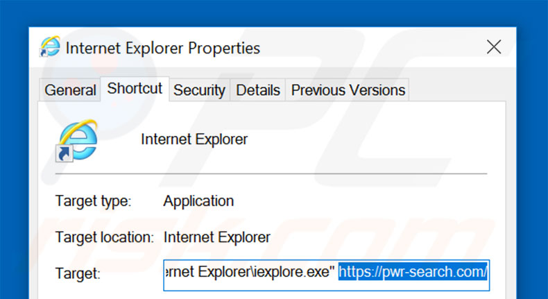 Eliminar pwr-search.com del destino del acceso directo de Internet Explorer paso 2