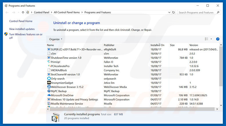 desinstalar el adware Ransomware Detected del Panel de control