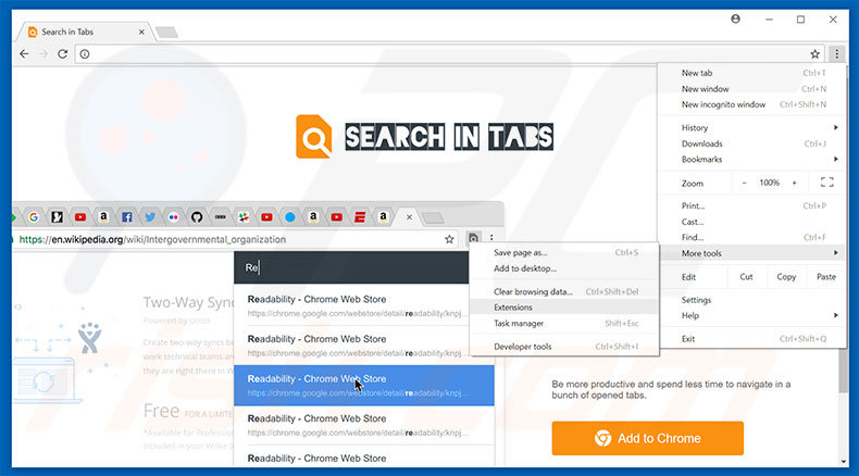 Eliminando los anuncios de Search In Tabs de Google Chrome paso 1