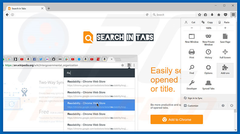Eliminando los anuncios de Search In Tabs de Mozilla Firefox paso 1