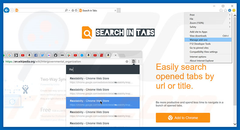 Eliminando los anuncios de Search In Tabs de Internet Explorer paso 1
