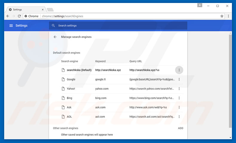 Eliminando searchkska.xyz del motor de búsqueda por defecto de Google Chrome