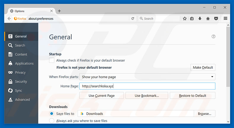 Eliminando searchkska.xyz de la página de inicio de Mozilla Firefox