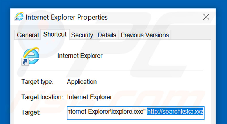 Eliminar searchkska.xyz del destino del acceso directo de Internet Explorer paso 2