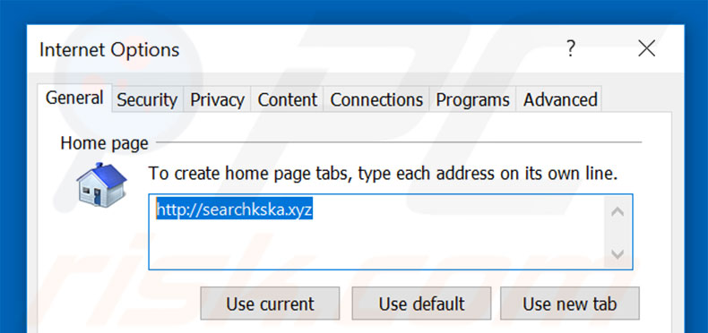 Eliminando searchkska.xyz de la página de inicio de Internet Explorer