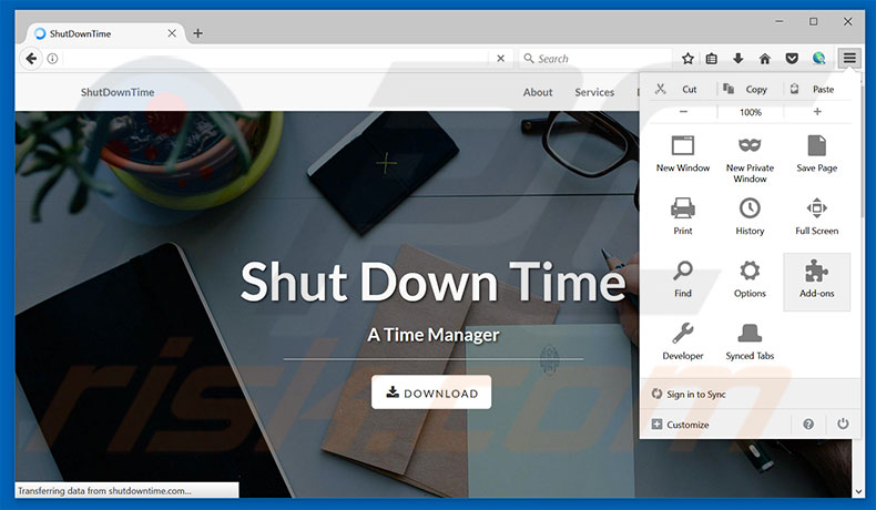 Eliminando los anuncios ShutDownTime de Mozilla Firefox paso 1