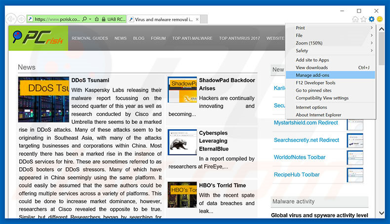 Eliminando los anuncios de Suspicious Incoming Network Connections de Internet Explorer paso 1