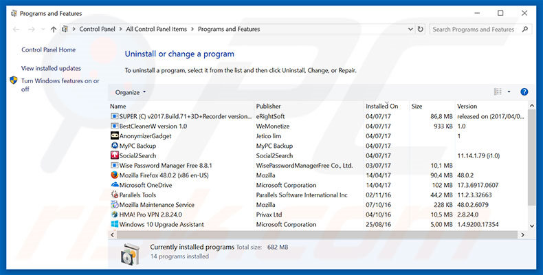 desinstalar adware del Panel de control WARNING