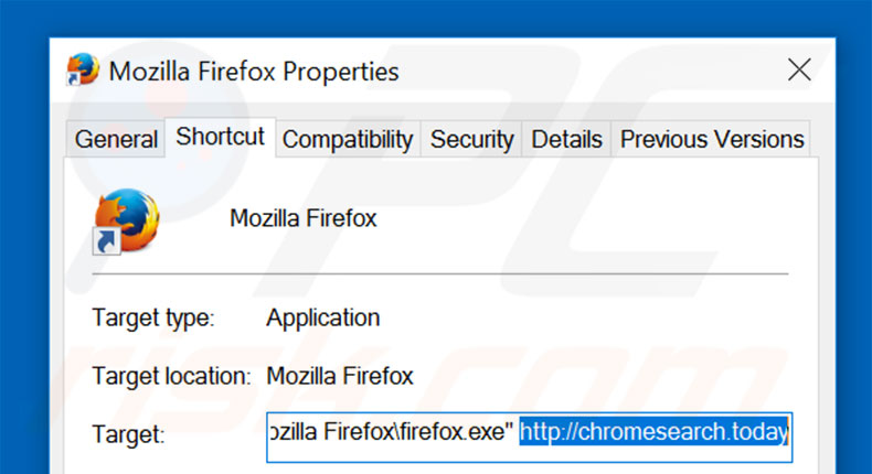 Eliminar chromesearch.today del destino del acceso directo de Mozilla Firefox paso 2