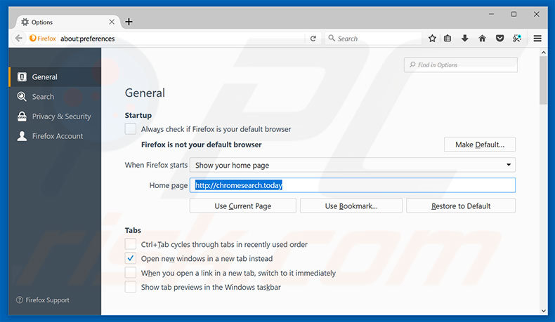 Eliminando chromesearch.today de la página de inicio de Mozilla Firefox