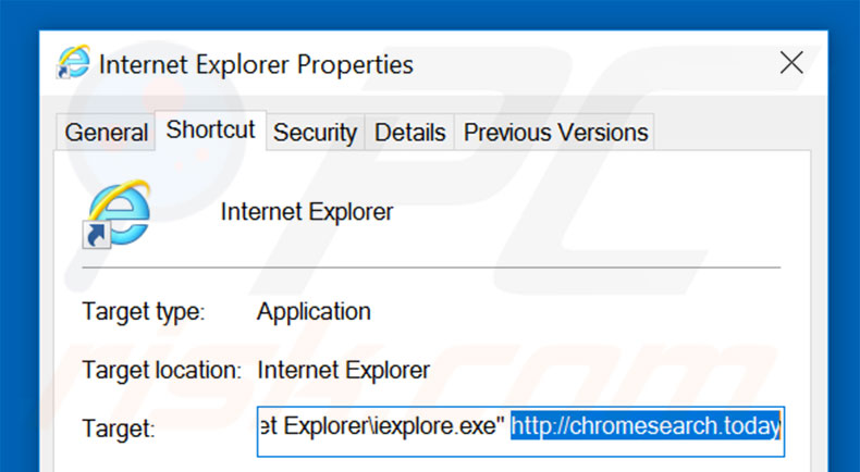 Eliminar chromesearch.today del destino del acceso directo de Internet Explorer paso 2