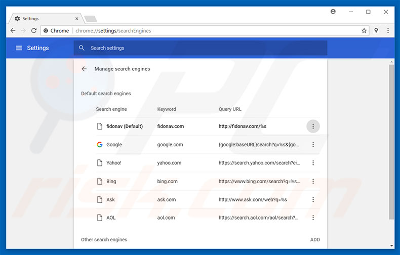 Eliminando fidonav.com del motor de búsqueda por defecto de Google Chrome