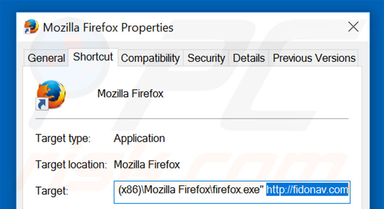 Eliminar fidonav.com del destino del acceso directo de Mozilla Firefox paso 2