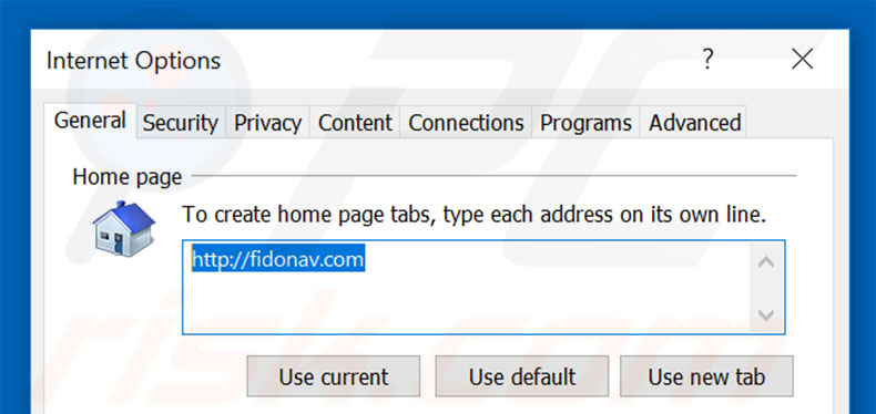 Eliminando fidonav.com de la página de inicio de Internet Explorer
