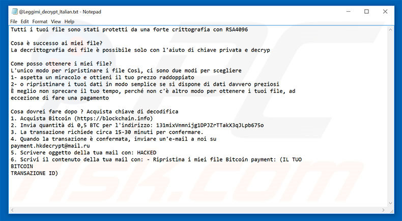 versión italiana archivo de texto ransomware Hacked