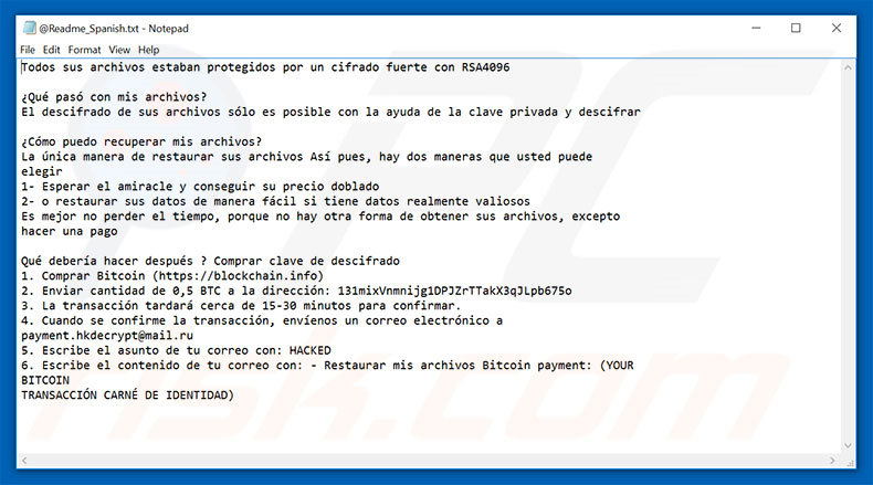versión española archivo de texto ransomware Hacked