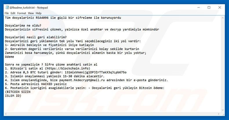 versión turca archivo de texto ransomware Hacked