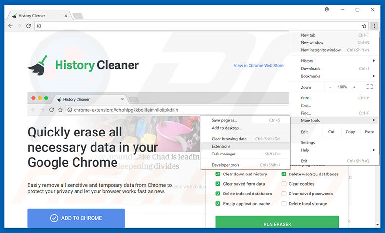 Eliminando los anuncios de History Cleaner de Google Chrome paso 1