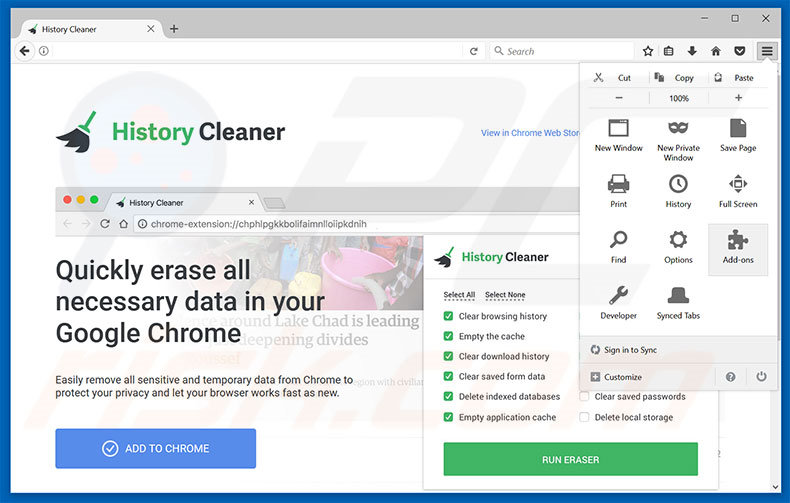 Eliminando los anuncios de History Cleaner de Mozilla Firefox paso 1