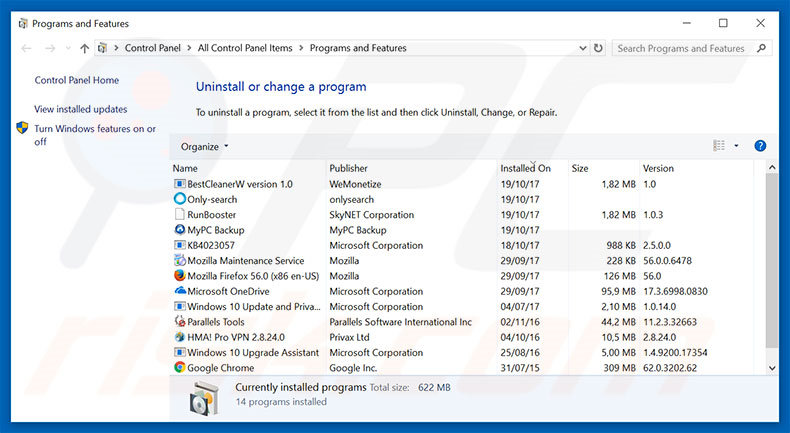 Desinstalar el adware Microsoft Security Alert  a través del Panel de Control