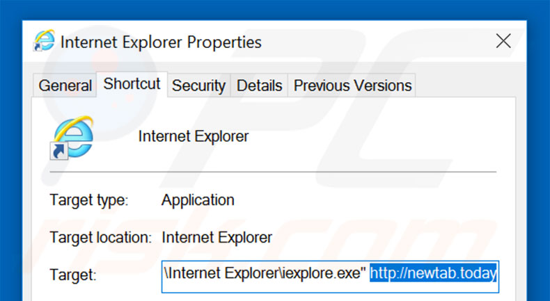 Eliminar newtab.today del destino del acceso directo de Internet Explorer paso 2